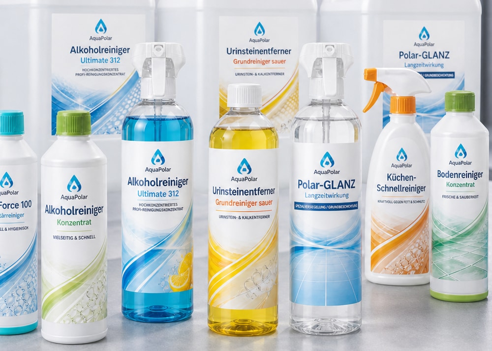 AquaPolar Reinigungschemie-Sortiment mit Kanistern und Flaschen in einer hellen Gewerbek&uuml;che