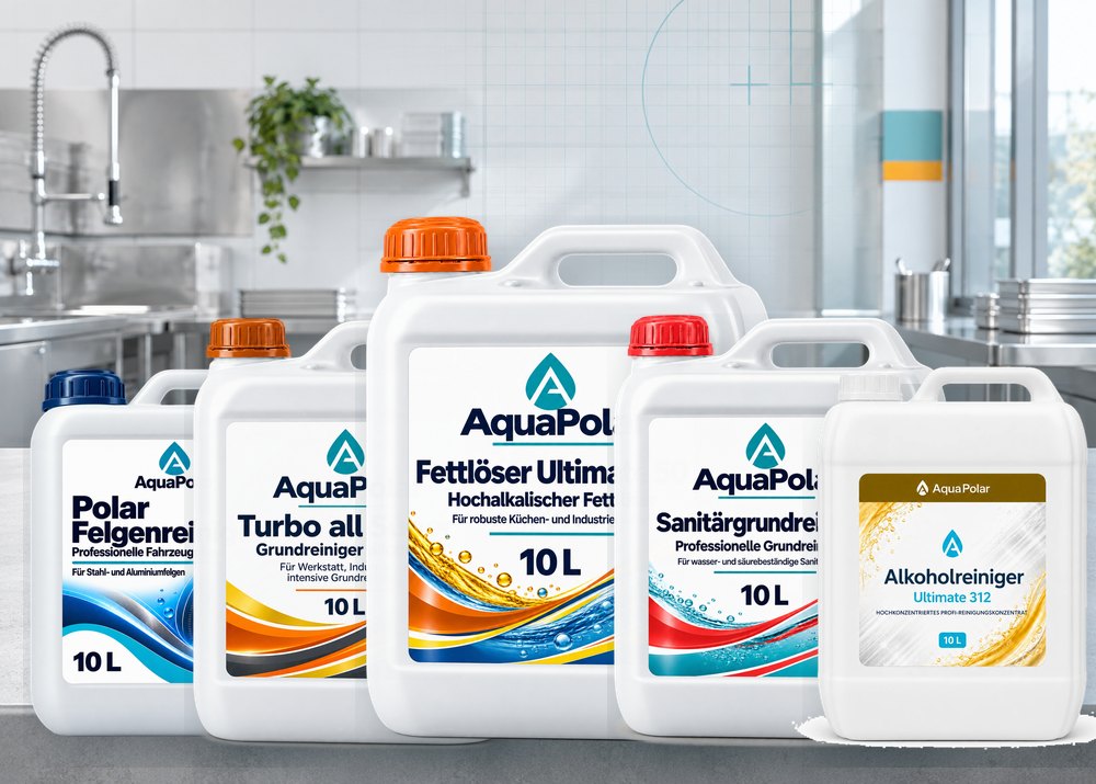 AquaPolar Reinigungschemie-Sortiment mit aktuellen 10-Liter-Kanistern f&uuml;r Betrieb, K&uuml;che und Objekt