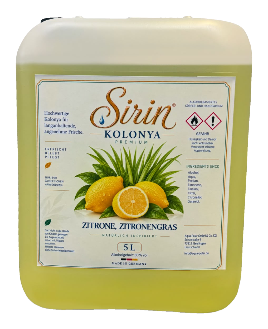 Sirin Kolonya Zitrone & Zitronengras 5 Liter 80 % im 5 Liter Kanister