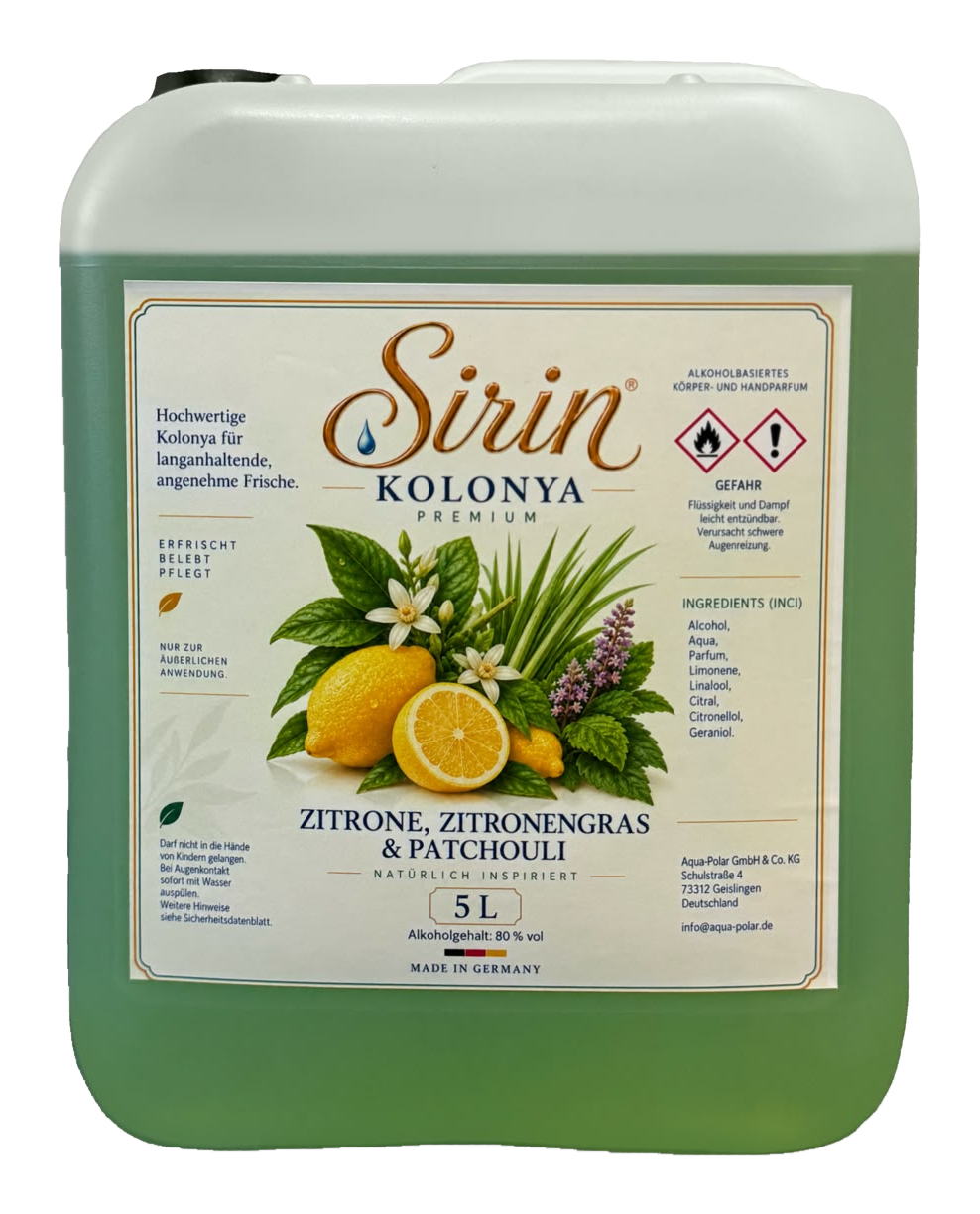 Sirin Kolonya Zitrone, Zitronengras & Patchouli 5 Liter 80 % im 5 Liter Kanister