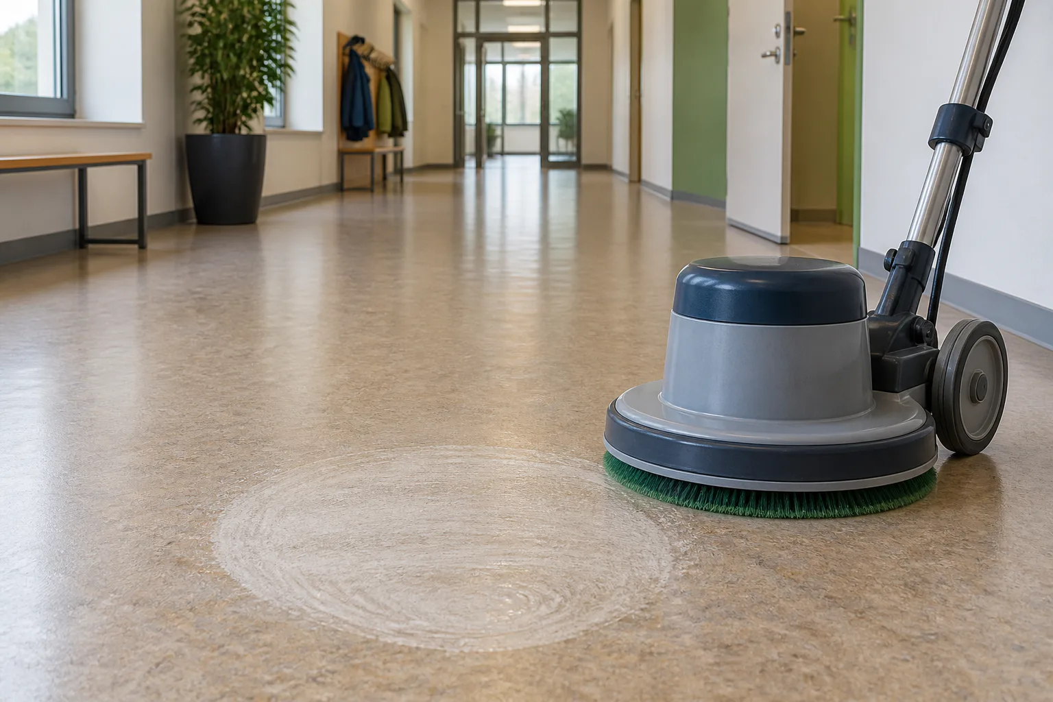 Linoleumboden und Einscheibenmaschine bei einer kontrollierten Grundreinigung